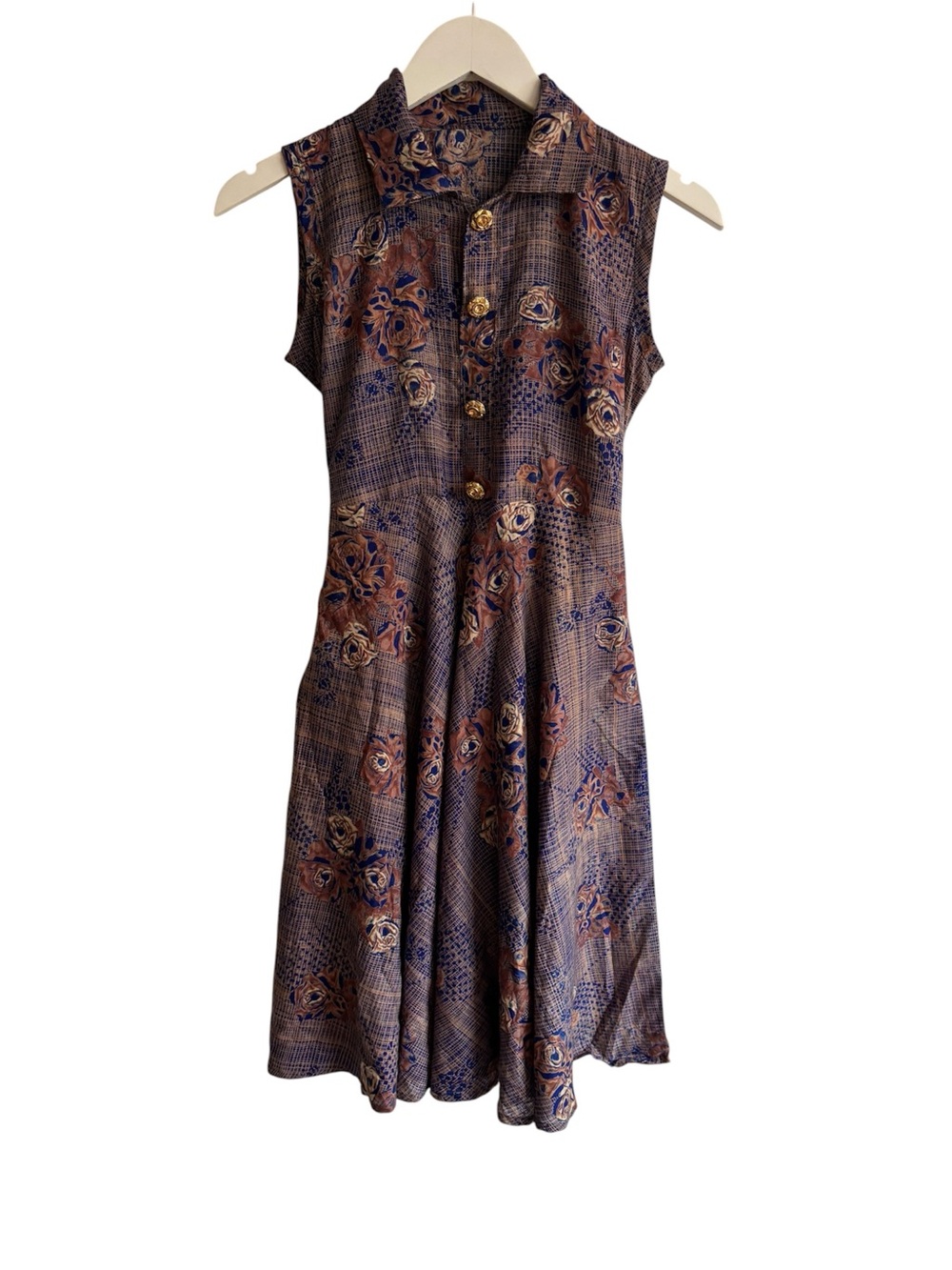 Vintage Brown & Blue Floral Button Front Dress